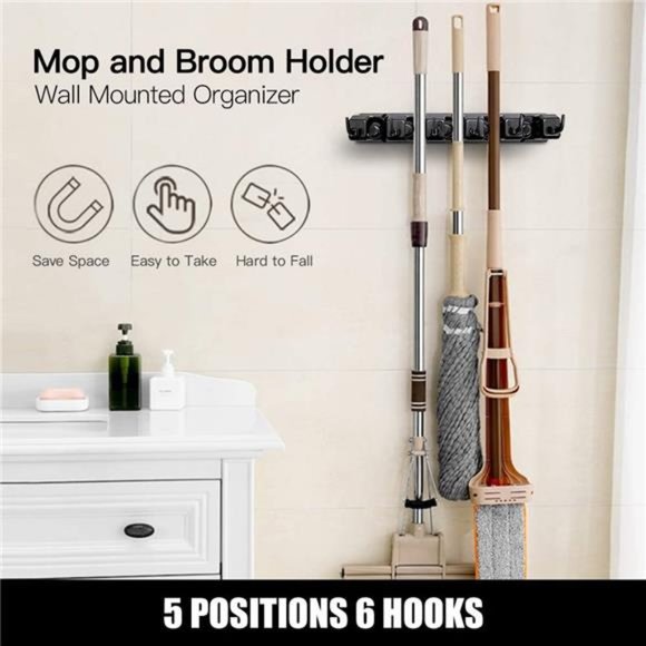 2 Pack Mop and Broom Holder,Wall Mounted Organizer Mop & Broom Storage Tool Rack - Picture 3 of 8